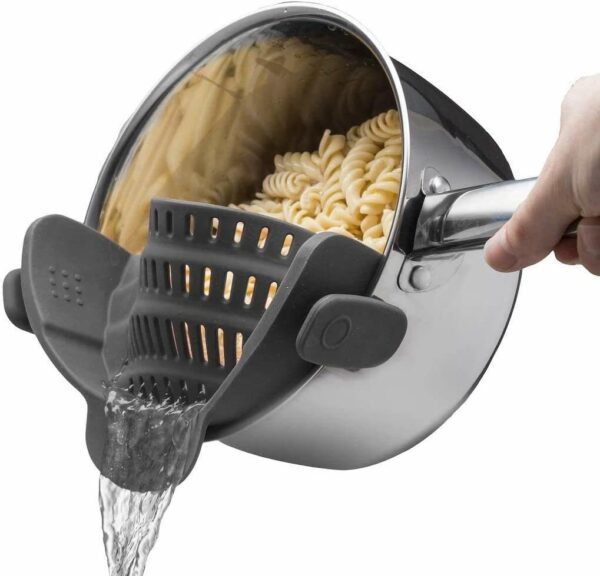 Kitchen Snap N Strain Pot Strainer and Pasta Strainer - Adjustable Silicone Clip On Strainer for Pots, Pans, and Bowls - Gray - Image 19