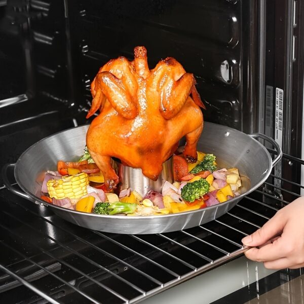 1pc Stainless Steel Round Roasting Pan; Chicken Roaster Rack Holder; 12.4inch/31.5cm; Thanksgiving Gift; Dishwasher Safe - Image 2