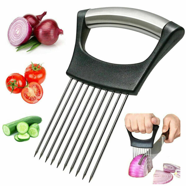 Stainless Steel Onion Holder Slicer Vegetable Tools Tomato Cutter Kitchen Gadget Steel Onion Needle With Cutting Safe Aid Holder Easy Slicer Cutter Tomato Safe Fork Handheld Vegetable Knife Kitchen - Image 2