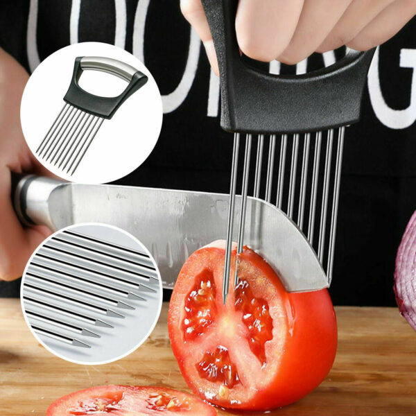 Stainless Steel Onion Holder Slicer Vegetable Tools Tomato Cutter Kitchen Gadget Steel Onion Needle With Cutting Safe Aid Holder Easy Slicer Cutter Tomato Safe Fork Handheld Vegetable Knife Kitchen - Image 3