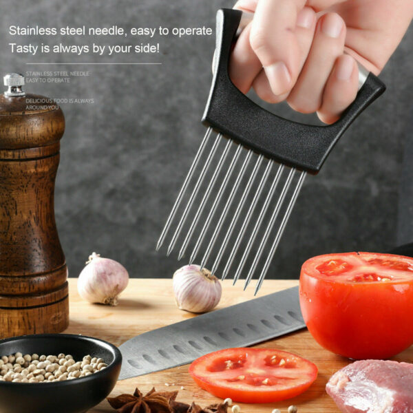 Stainless Steel Onion Holder Slicer Vegetable Tools Tomato Cutter Kitchen Gadget Steel Onion Needle With Cutting Safe Aid Holder Easy Slicer Cutter Tomato Safe Fork Handheld Vegetable Knife Kitchen - Image 4