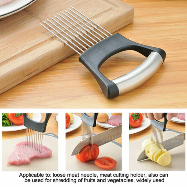 Stainless Steel Onion Holder Slicer Vegetable Tools Tomato Cutter Kitchen Gadget Steel Onion Needle With Cutting Safe Aid Holder Easy Slicer Cutter Tomato Safe Fork Handheld Vegetable Knife Kitchen - Image 5