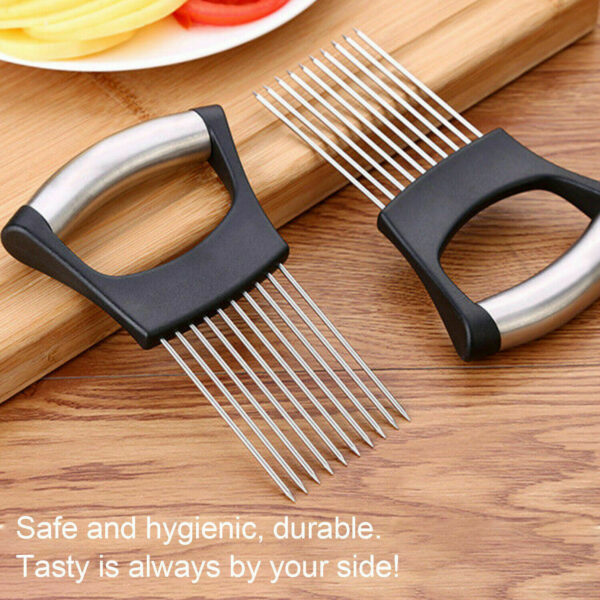 Stainless Steel Onion Holder Slicer Vegetable Tools Tomato Cutter Kitchen Gadget Steel Onion Needle With Cutting Safe Aid Holder Easy Slicer Cutter Tomato Safe Fork Handheld Vegetable Knife Kitchen - Image 6