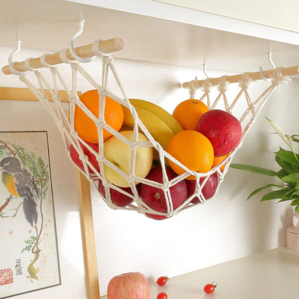 Fruit Hammock,Gray Fruit Basket, 100% Cotton, Screws & S Hooks, Banana Holder, Hanging Fruit Basket for Potato Storage - Image 3