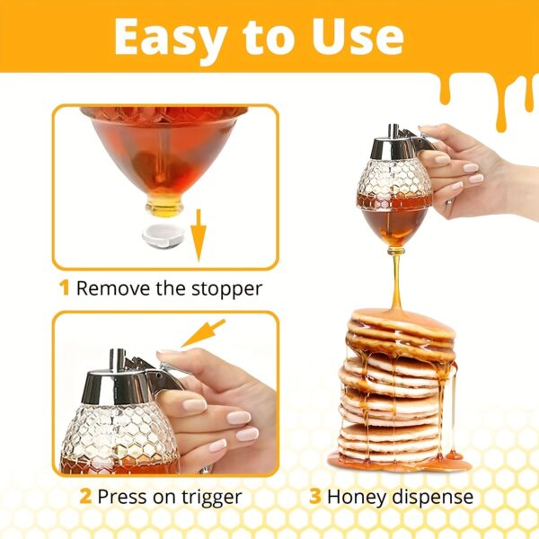 1pc Honey Dispenser, No Drip Maple Syrup Dispenser, Honey Comb Shaped Honey Pot, Honey Jar With Storage Stand, 8oz Capacity - Image 4