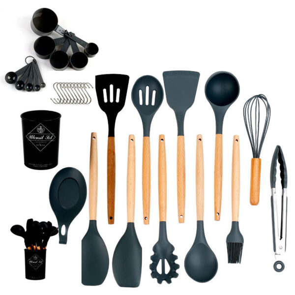 33pcs Set Wooden Handle Silicone Kitchen Utensils 33 Pieces Set Silicone Spoon Shovel Kitchen Gadgets Set Silicone Kitchen Utensils - Image 3