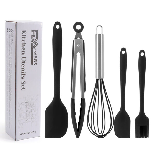 Silicone Cook Utensils;  5 Piece Kitchen Cooking Set;  Includes Large Spatula;  Small Spatula;  Grease Brush;  Food Clamp;  Whisk - Image 2