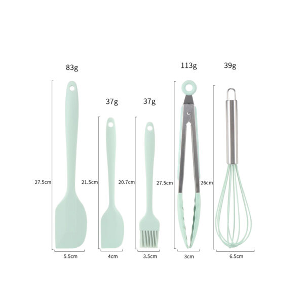 Silicone Cook Utensils;  5 Piece Kitchen Cooking Set;  Includes Large Spatula;  Small Spatula;  Grease Brush;  Food Clamp;  Whisk - Image 5