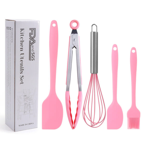 Silicone Cook Utensils;  5 Piece Kitchen Cooking Set;  Includes Large Spatula;  Small Spatula;  Grease Brush;  Food Clamp;  Whisk - Image 3