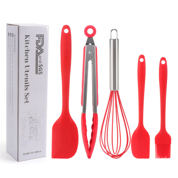 Silicone Cook Utensils;  5 Piece Kitchen Cooking Set;  Includes Large Spatula;  Small Spatula;  Grease Brush;  Food Clamp;  Whisk - Image 4