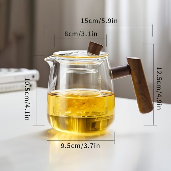 1pc High Borosilicate Heat-resistant Glass Teapot With Walnut Handle; 530ml/17.9oz; Removable Glass Filter; Transparent Tea Kettle - Image 2