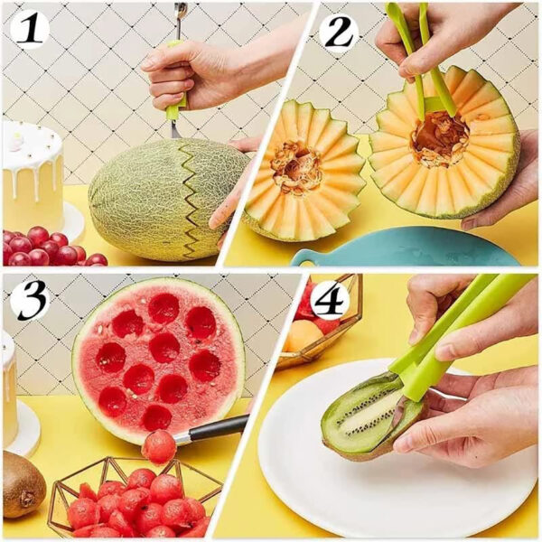 3-in-1 Fruit Digger Fruit Carving Knife Set Cutter Fruit Platter Separator Kitchen Gadgets Watermelon Ice Cream Baller Scoop - Image 4