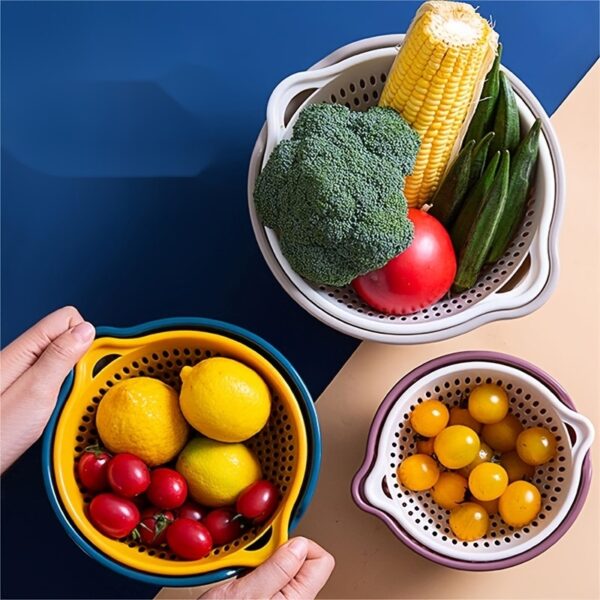 6pcs Household Drain Basket Set; Plastic Double Layered Kitchen Food Strainer Fruits Vegetable Washing Basket; Stackable Drain Bowls For Cleaning Washing - Image 3