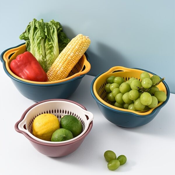 6pcs Household Drain Basket Set; Plastic Double Layered Kitchen Food Strainer Fruits Vegetable Washing Basket; Stackable Drain Bowls For Cleaning Washing - Image 5