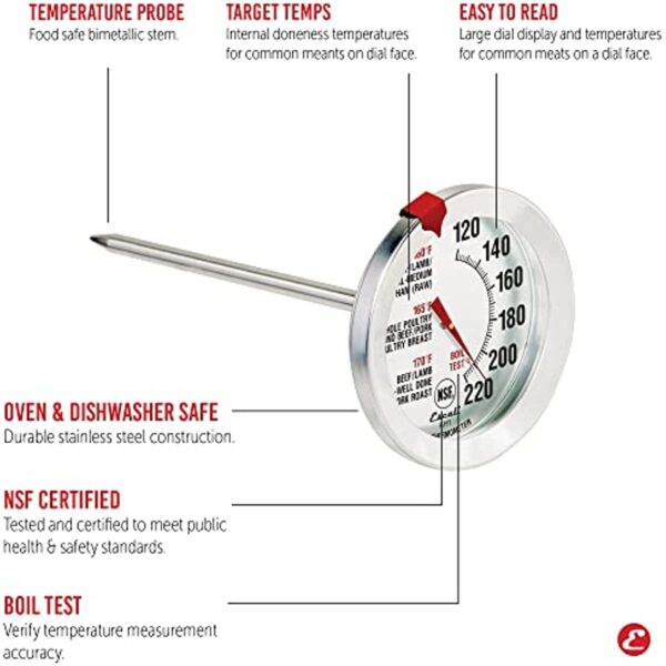 Escali AH1 Stainless Steel Oven Safe Meat Thermometer; Extra Large 2.5-inches Dial; Temperature Labeled for Beef; Poultry; Pork; and Veal Silver NSF Certified - Image 3