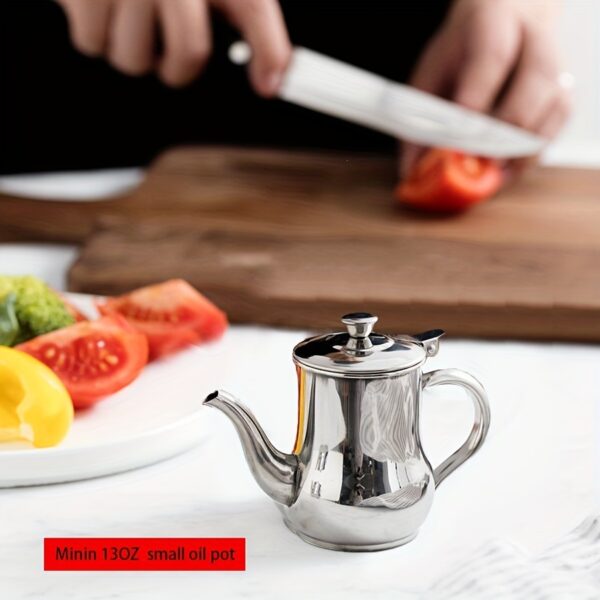 1pc Mini Stainless Steel Oil Pot With Strainer; Condiment Pot; 13oz; Small Stainless Steel Oil Pot - Image 6