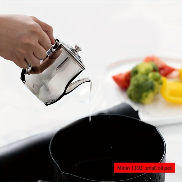 1pc Mini Stainless Steel Oil Pot With Strainer; Condiment Pot; 13oz; Small Stainless Steel Oil Pot - Image 7