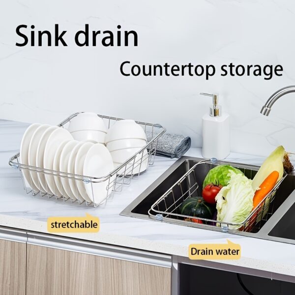 1pc Drain Rack; Drain Basket; Stainless Steel Kitchen Basket; Home Utensil Holder; Sink Basket; Retractable Sink Rack Suitable For Rectangular Sink Bowl Plate Organizer Storage - Image 8