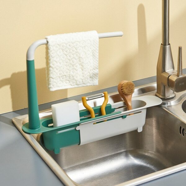 1pc Telescopic Sink Sponges Storage Rack; Adjustable Soap Sponge Organizer For Kitchen Sponge And Soap; Expandable Storage Drain Basket With Dishcloth Hanger - Image 3