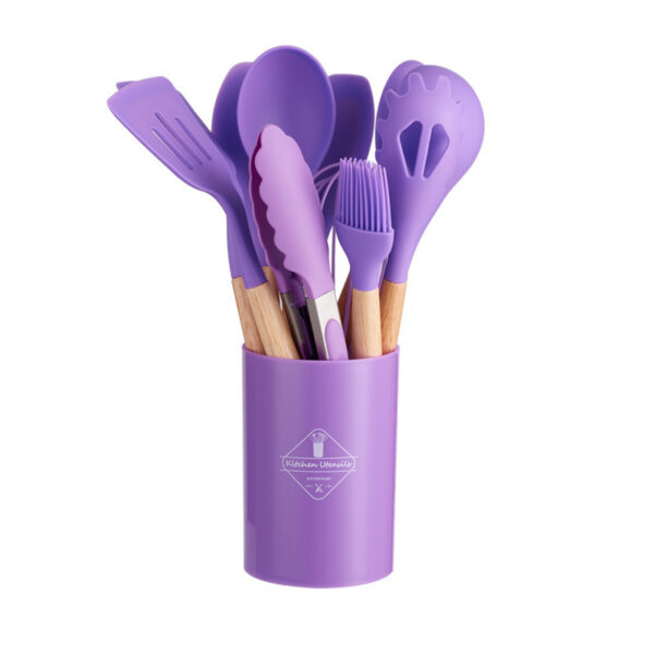 11pcs Wooden Handle Silicone Kitchen Utensils Set Storage Bucket Non-stick Shovel Spoon Cooking Kitchen Utensils 11 Pieces Set Silicone Shovel Spoon - Image 7