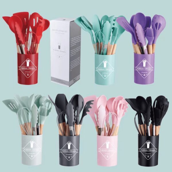 11pcs Wooden Handle Silicone Kitchen Utensils Set Storage Bucket Non-stick Shovel Spoon Cooking Kitchen Utensils 11 Pieces Set Silicone Shovel Spoon - Image 8