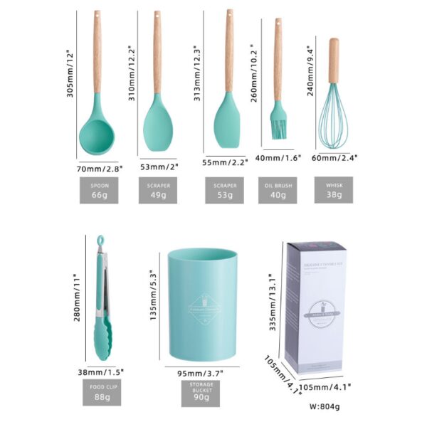 11pcs Wooden Handle Silicone Kitchen Utensils Set Storage Bucket Non-stick Shovel Spoon Cooking Kitchen Utensils 11 Pieces Set Silicone Shovel Spoon - Image 13