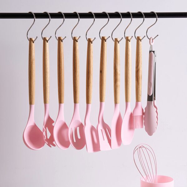 11pcs Wooden Handle Silicone Kitchen Utensils Set Storage Bucket Non-stick Shovel Spoon Cooking Kitchen Utensils 11 Pieces Set Silicone Shovel Spoon - Image 10