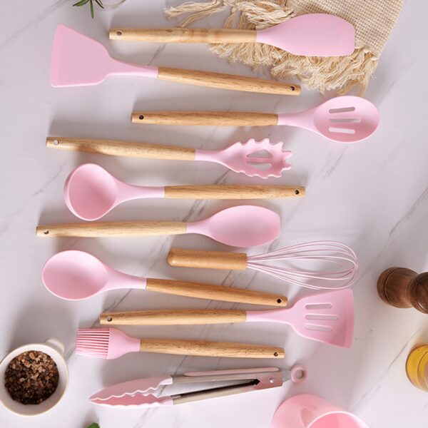 11pcs Wooden Handle Silicone Kitchen Utensils Set Storage Bucket Non-stick Shovel Spoon Cooking Kitchen Utensils 11 Pieces Set Silicone Shovel Spoon - Image 11