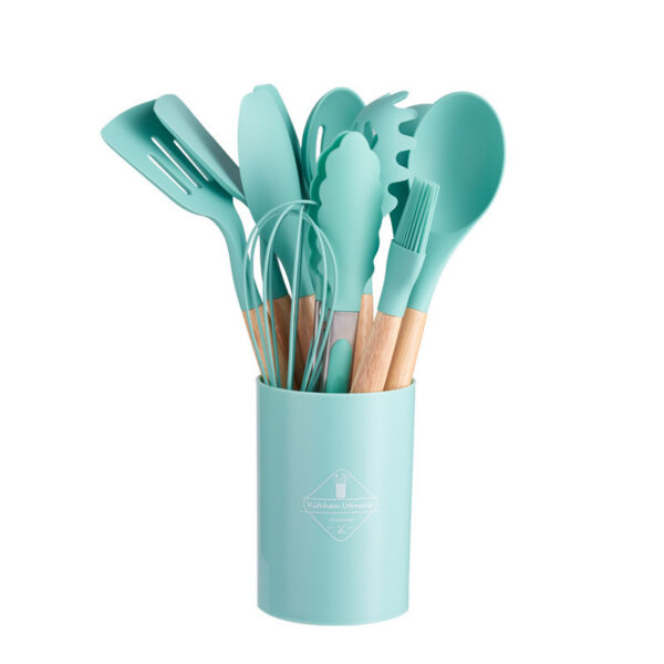 11pcs Wooden Handle Silicone Kitchen Utensils Set Storage Bucket Non-stick Shovel Spoon Cooking Kitchen Utensils 11 Pieces Set Silicone Shovel Spoon - Image 3