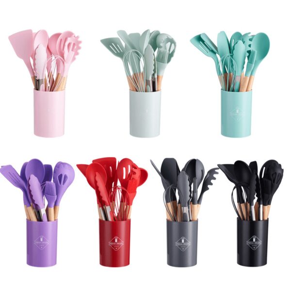 11pcs Wooden Handle Silicone Kitchen Utensils Set Storage Bucket Non-stick Shovel Spoon Cooking Kitchen Utensils 11 Pieces Set Silicone Shovel Spoon - Image 12