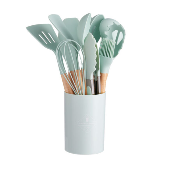 11pcs Wooden Handle Silicone Kitchen Utensils Set Storage Bucket Non-stick Shovel Spoon Cooking Kitchen Utensils 11 Pieces Set Silicone Shovel Spoon - Image 5