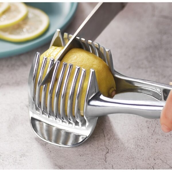 1pc Tomato Lemon Slicer Holder, Round Fruits Onion Shredder Cutter Guide Tongs With Handle, Stainless Steel Kitchen Cutting Potato Lime Food Stand - Image 5