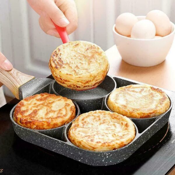 1pc Fry Pan For Egg, Non Stick Ham Pancake Maker, Egg Burger Pan With Wooden Handle, 4 Holes, For Induction Cooker Gas Stove - Image 2