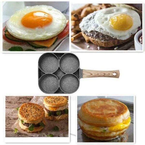 1pc Fry Pan For Egg, Non Stick Ham Pancake Maker, Egg Burger Pan With Wooden Handle, 4 Holes, For Induction Cooker Gas Stove - Image 3