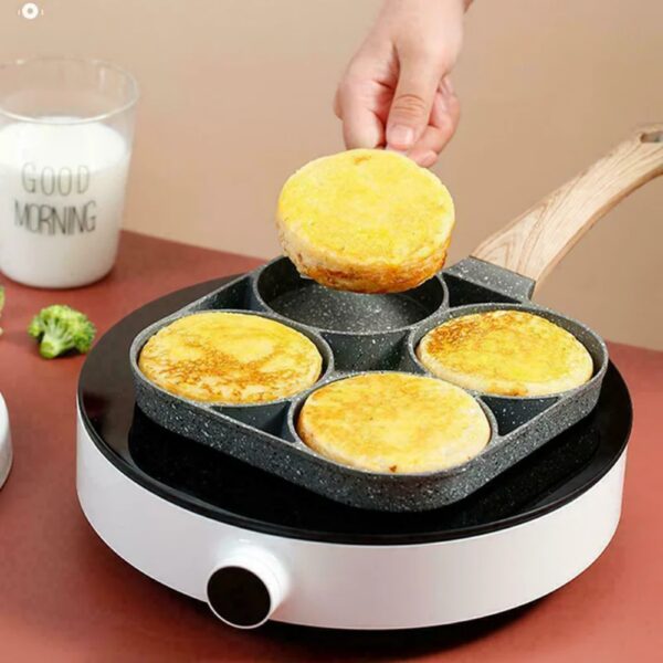 1pc Fry Pan For Egg, Non Stick Ham Pancake Maker, Egg Burger Pan With Wooden Handle, 4 Holes, For Induction Cooker Gas Stove - Image 4