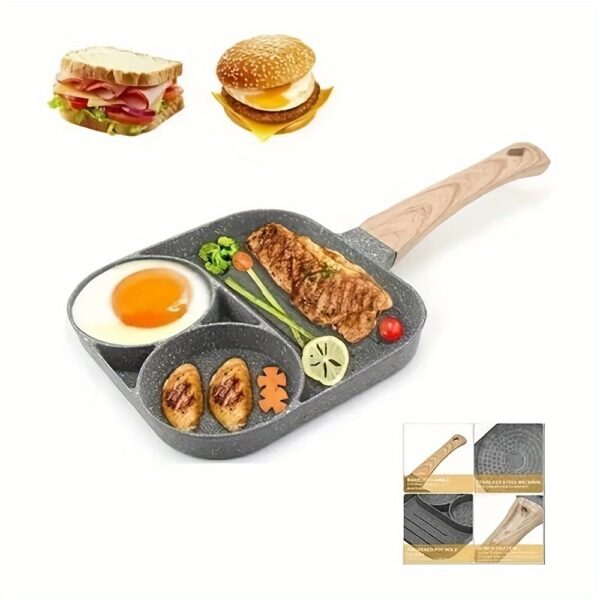 1pc Fry Pan For Egg, Non Stick Ham Pancake Maker, Egg Burger Pan With Wooden Handle, 4 Holes, For Induction Cooker Gas Stove - Image 5