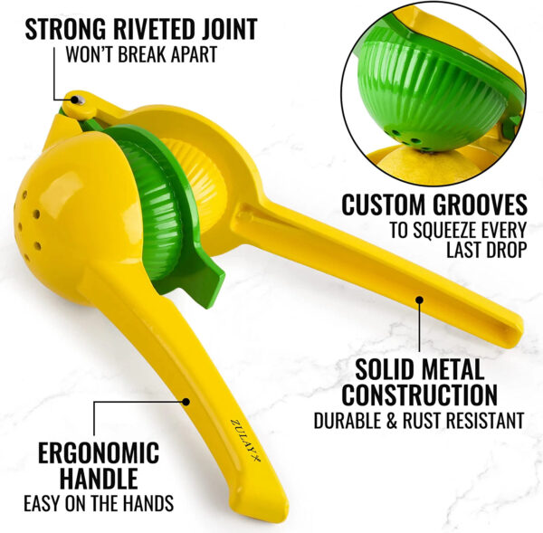 Metal 2-In-1 Lemon Lime Squeezer - Hand Juicer Lemon Squeezer - Max Extraction Manual Citrus Juicer (Vibrant Yellow and green Atoll) - Image 6