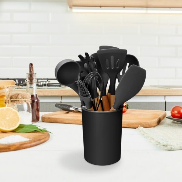 11Pcs Silicone Cooking Utensil Set Heat Resist Wooden Handle Silicone Spatula Turner Ladle Spaghetti Server Tongs - Image 3