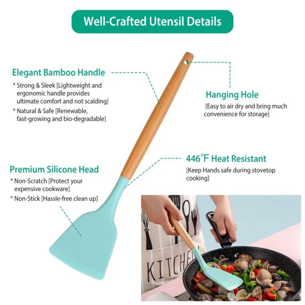 11Pcs Silicone Cooking Utensil Set Heat Resist Wooden Handle Silicone Spatula Turner Ladle Spaghetti Server Tongs - Image 9