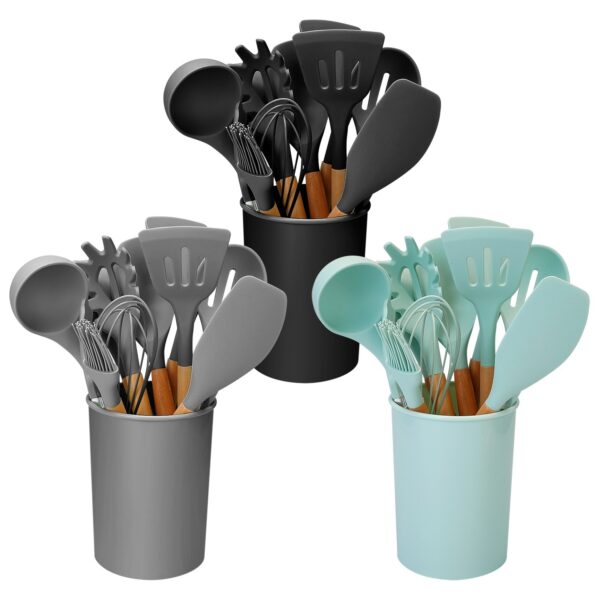 11Pcs Silicone Cooking Utensil Set Heat Resist Wooden Handle Silicone Spatula Turner Ladle Spaghetti Server Tongs - Image 16