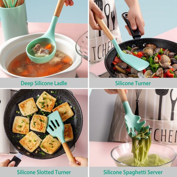 11Pcs Silicone Cooking Utensil Set Heat Resist Wooden Handle Silicone Spatula Turner Ladle Spaghetti Server Tongs - Image 10