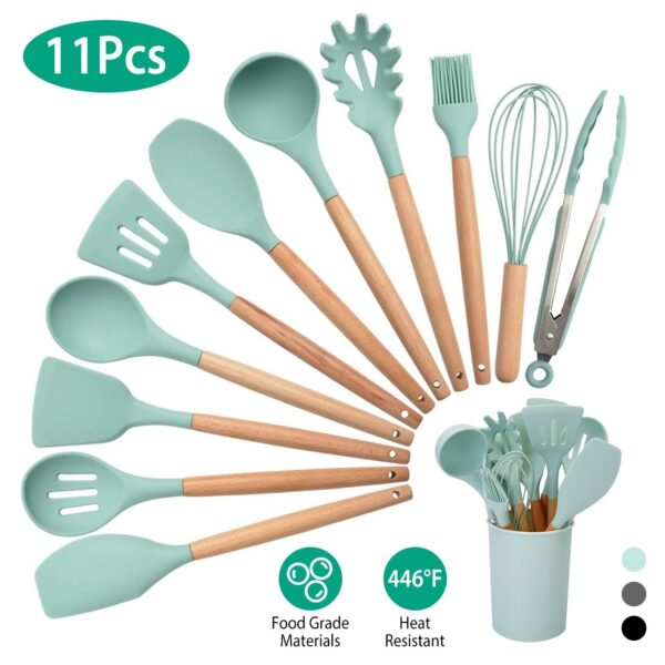 11Pcs Silicone Cooking Utensil Set Heat Resist Wooden Handle Silicone Spatula Turner Ladle Spaghetti Server Tongs - Image 8