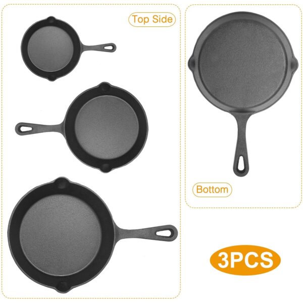 3Pcs Pre-Seasoned Cast Iron Skillet Set 6/8/10in Non-Stick Oven Safe Cookware Heat-Resistant Frying Pan - Image 2