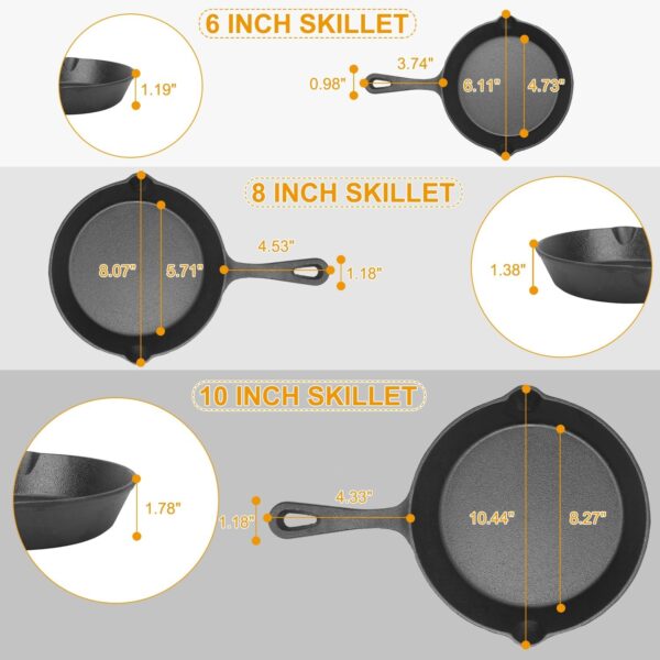 3Pcs Pre-Seasoned Cast Iron Skillet Set 6/8/10in Non-Stick Oven Safe Cookware Heat-Resistant Frying Pan - Image 5