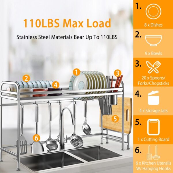 Over Sink Dish Drying Rack Shelf Stainless Steel Kitchen Countertop Bowl Dish Chopping Board Organizer Rack - Image 2