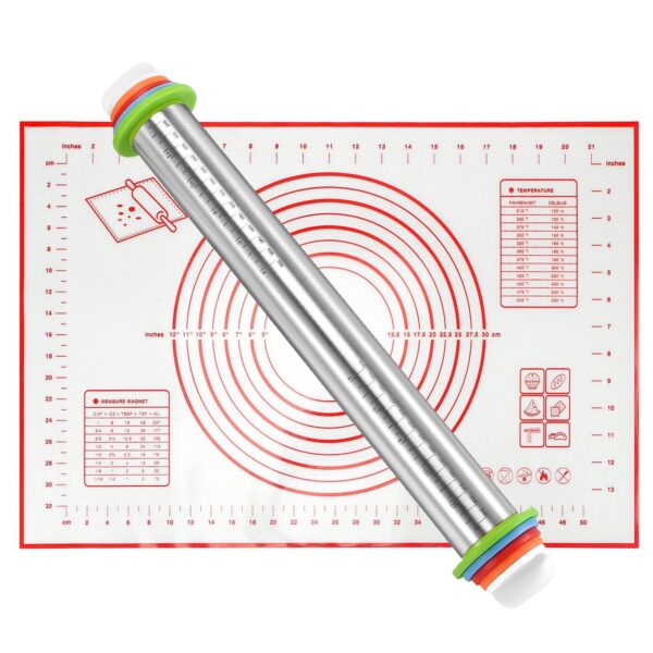 Dough Rolling Pin Dough Roller Stainless Steel Rolling Pins with 4 Removable Adjustable Thickness Rings and Rolling Mat - Image 2