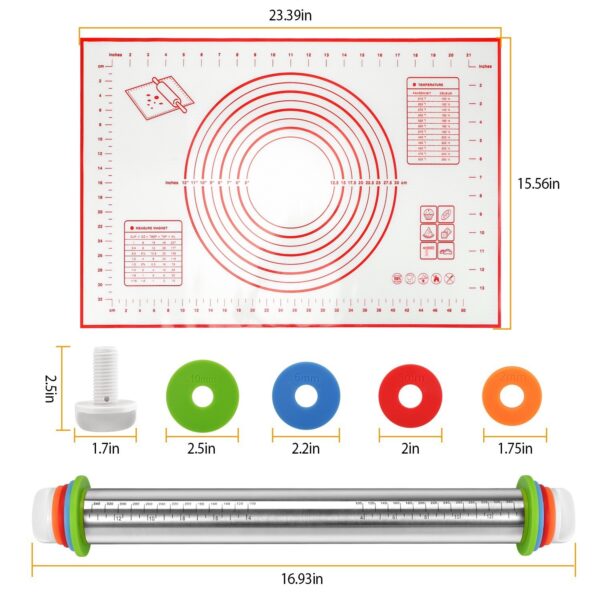 Dough Rolling Pin Dough Roller Stainless Steel Rolling Pins with 4 Removable Adjustable Thickness Rings and Rolling Mat - Image 7