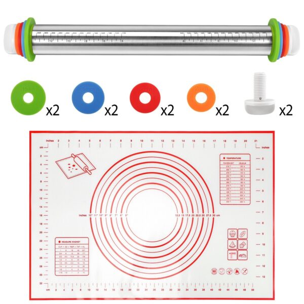 Dough Rolling Pin Dough Roller Stainless Steel Rolling Pins with 4 Removable Adjustable Thickness Rings and Rolling Mat