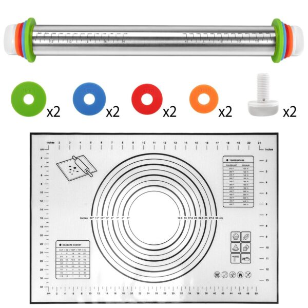 Dough Rolling Pin Dough Roller Stainless Steel Rolling Pins with 4 Removable Adjustable Thickness Rings and Rolling Mat - Image 11