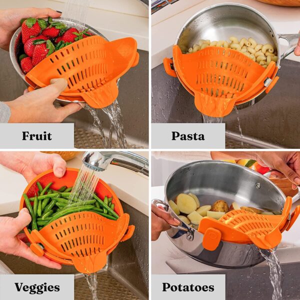 Kitchen Snap N Strain Pot Strainer and Pasta Strainer - Adjustable Silicone Clip On Strainer for Pots, Pans, and Bowls - Gray - Image 9